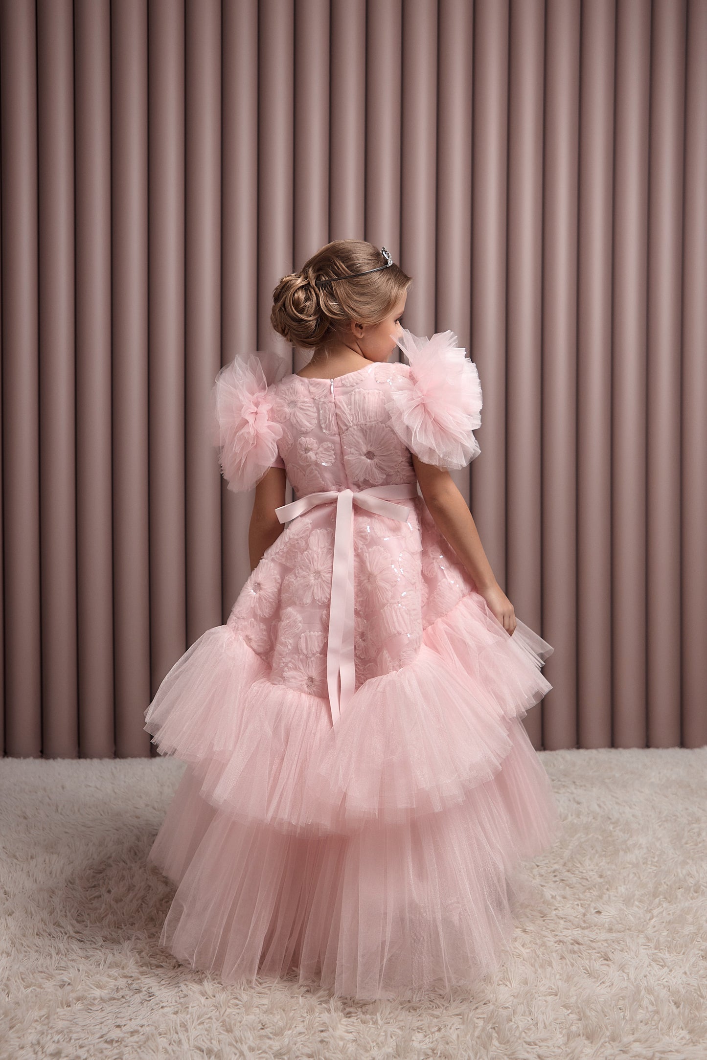 Roshell Luxury Blush Pink Girls Party Dress with Floral Appliqué & Layered Tulle Skirt