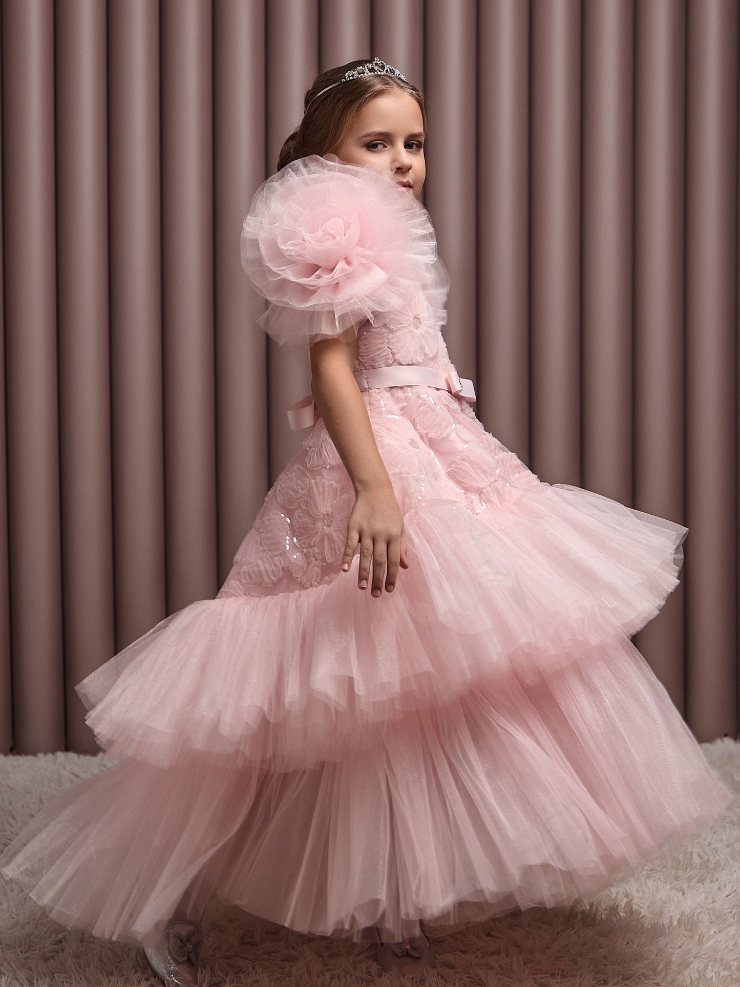 Roshell Luxury Blush Pink Girls Party Dress with Floral Appliqué & Layered Tulle Skirt