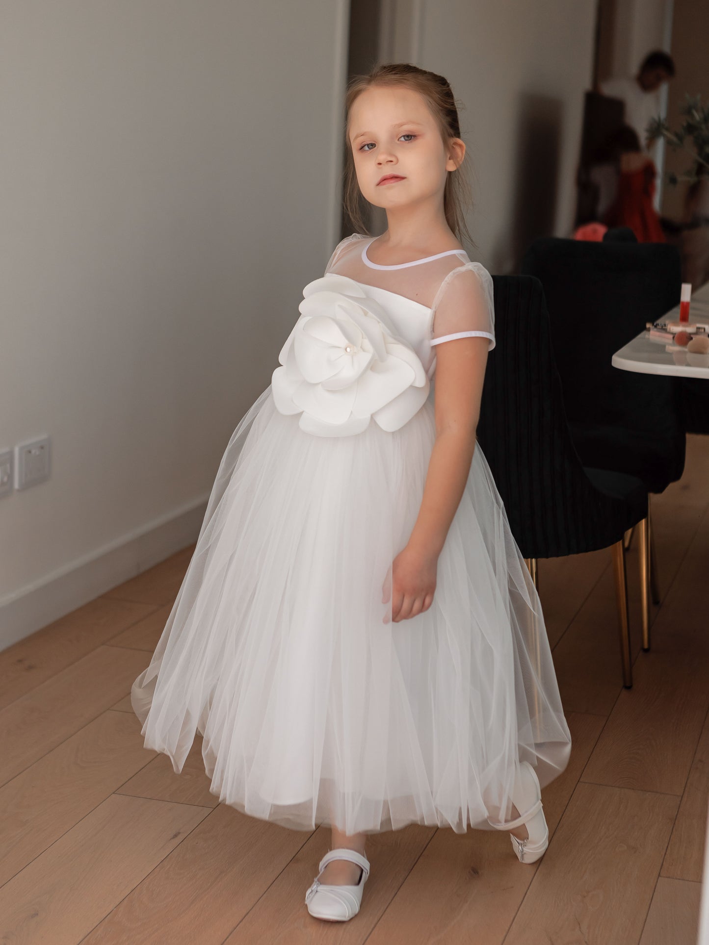 Unique long  Ivory Girls Occasion Dress with Pearl Flower Detail & Modesty Tulle Cape