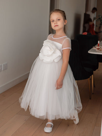 Unique long  Ivory Girls Occasion Dress with Pearl Flower Detail & Modesty Tulle Cape