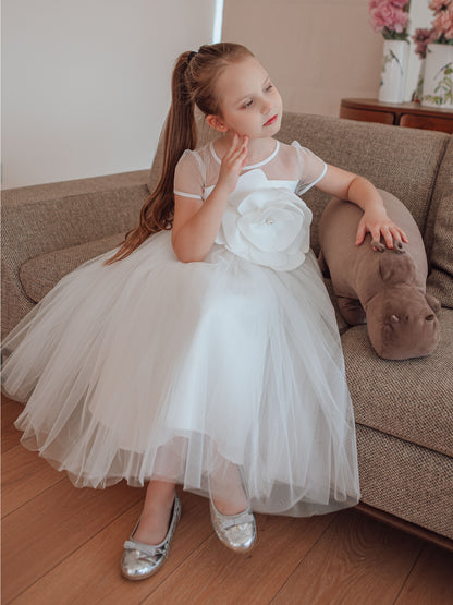 Unique long  Ivory Girls Occasion Dress with Pearl Flower Detail & Modesty Tulle Cape
