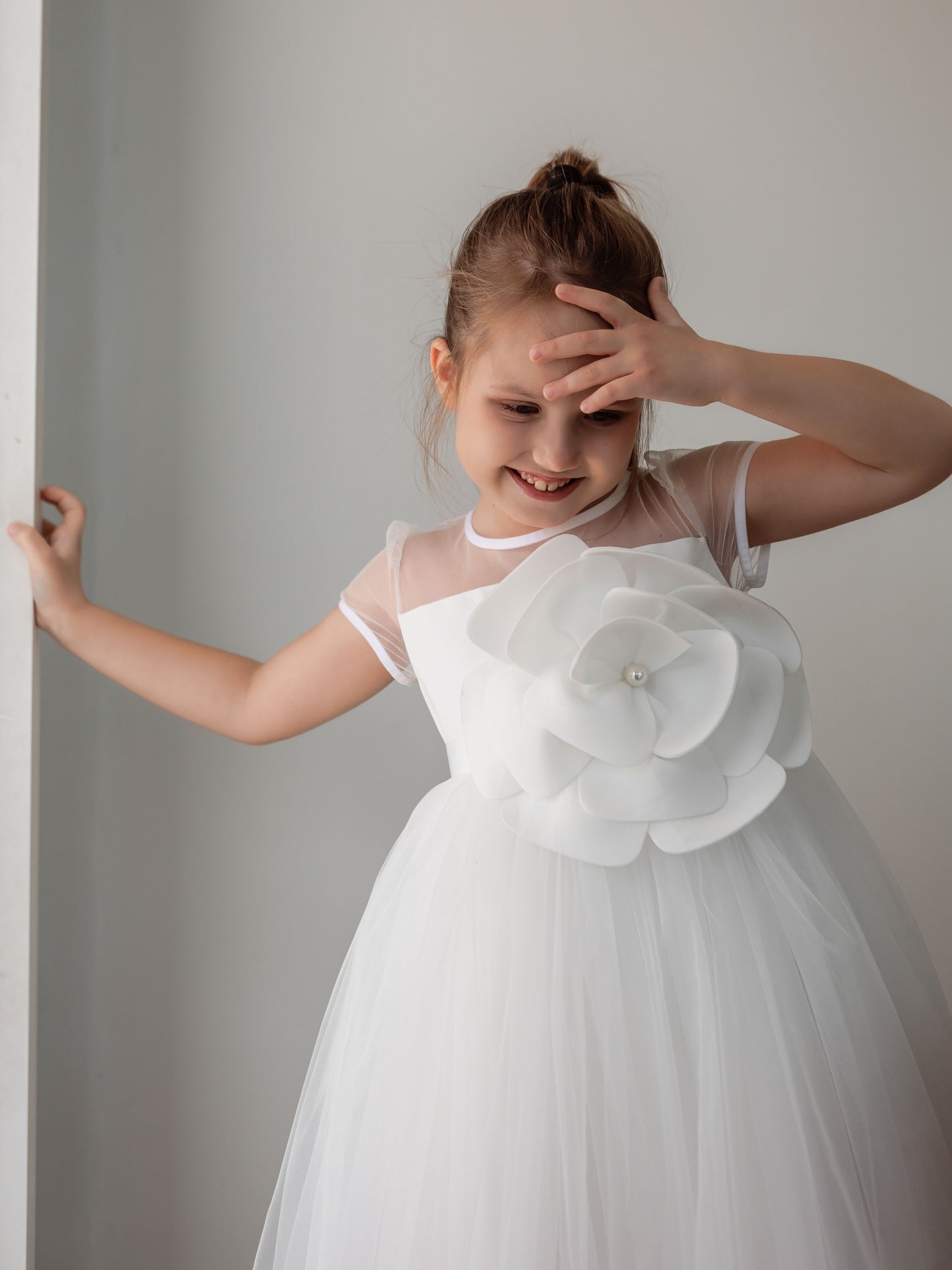 Unique long  Ivory Girls Occasion Dress with Pearl Flower Detail & Modesty Tulle Cape