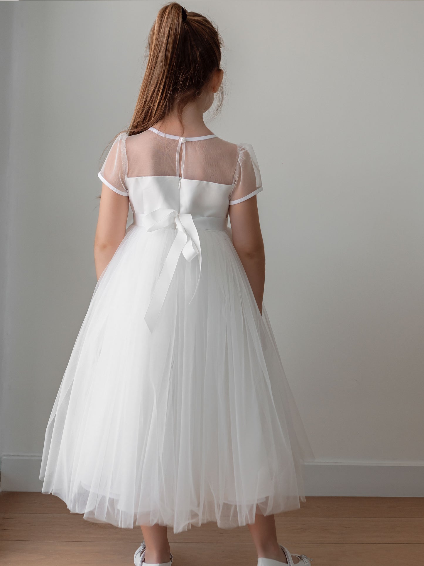 Unique long  Ivory Girls Occasion Dress with Pearl Flower Detail & Modesty Tulle Cape