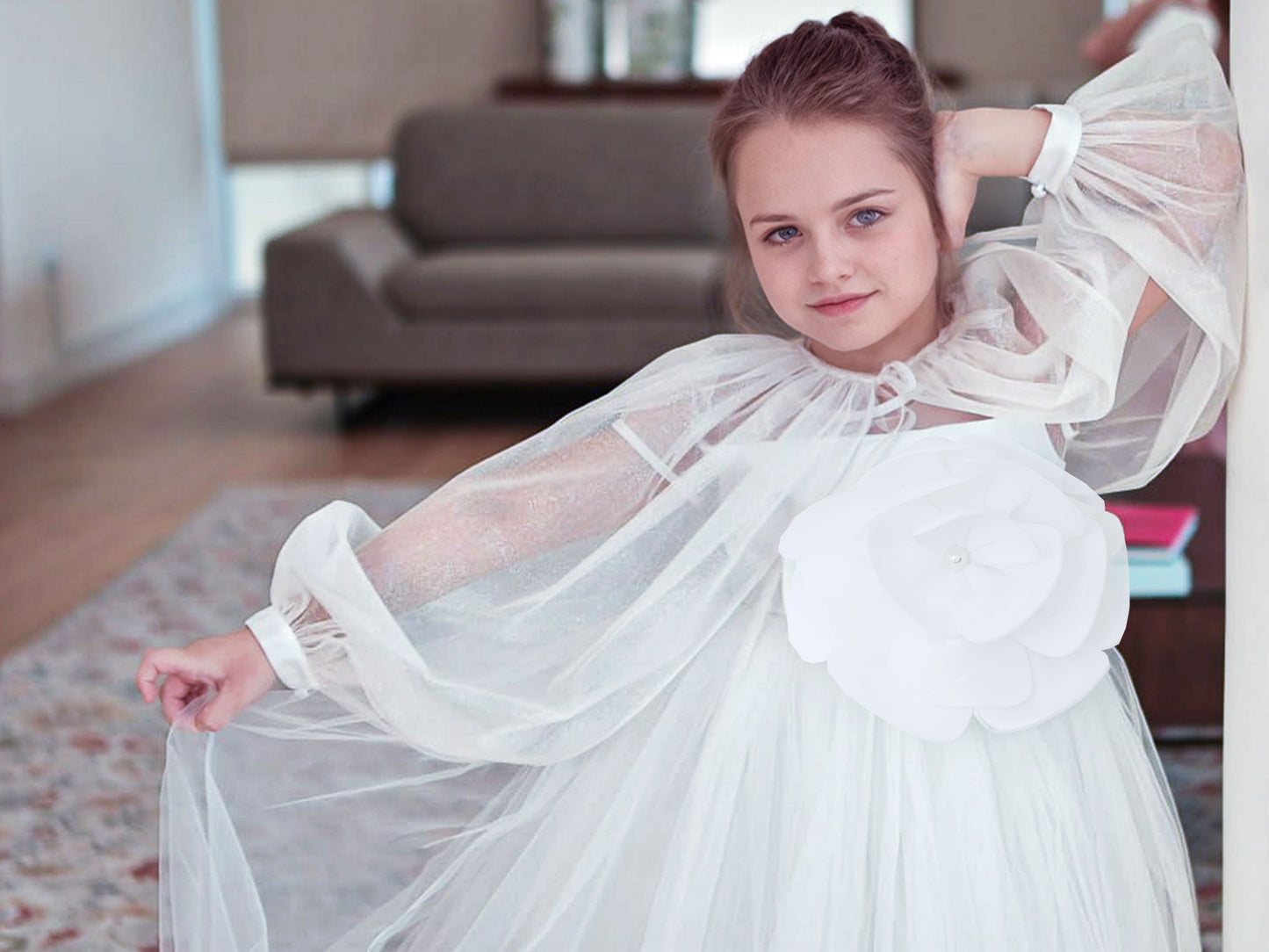 Unique long  Ivory Girls Occasion Dress with Pearl Flower Detail & Modesty Tulle Cape