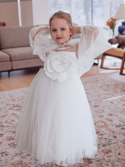 Unique long  Ivory Girls Occasion Dress with Pearl Flower Detail & Modesty Tulle Cape