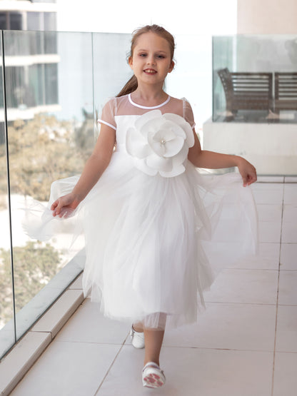 Unique long  Ivory Girls Occasion Dress with Pearl Flower Detail & Modesty Tulle Cape