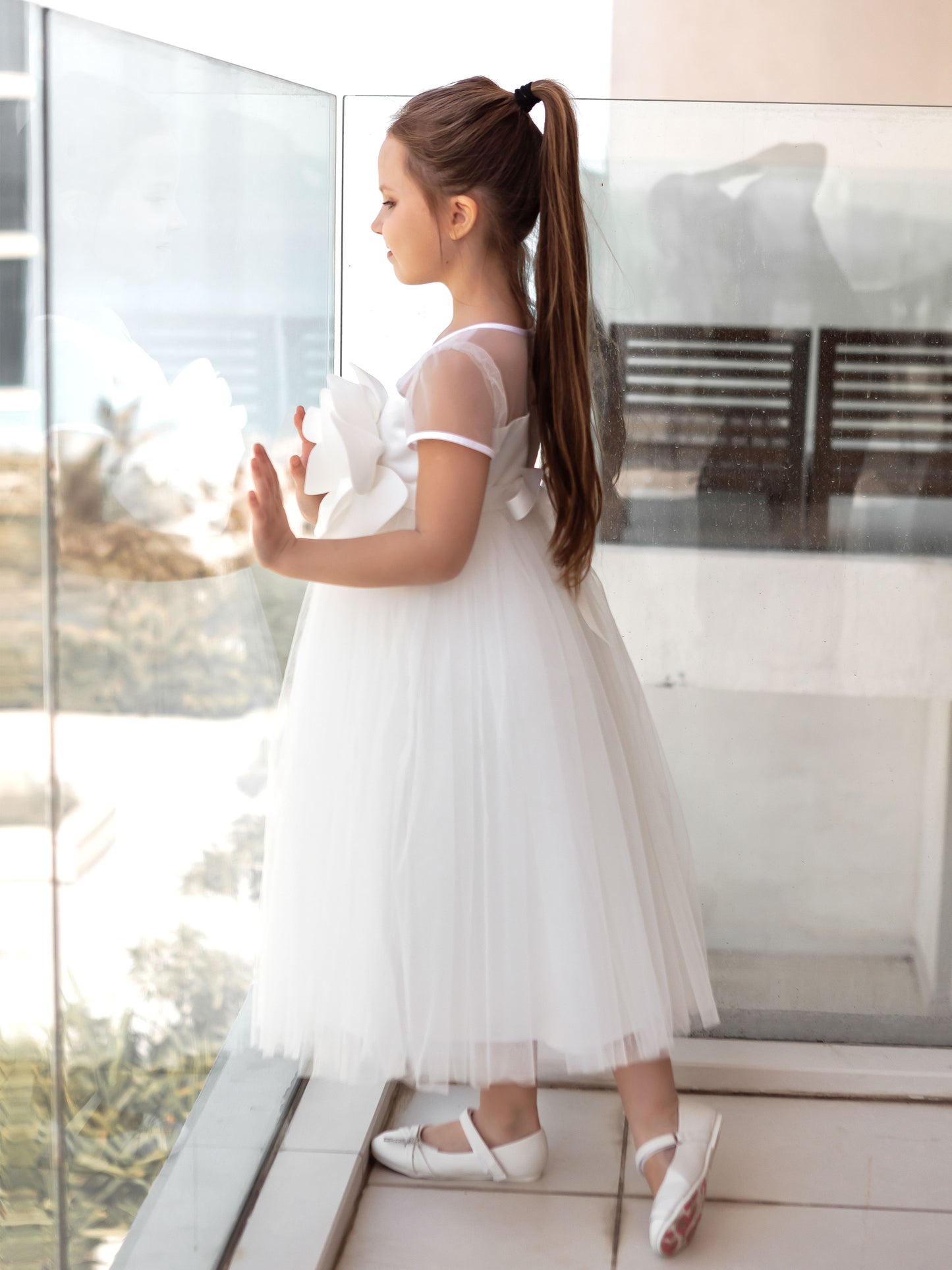 Unique long  Ivory Girls Occasion Dress with Pearl Flower Detail & Modesty Tulle Cape