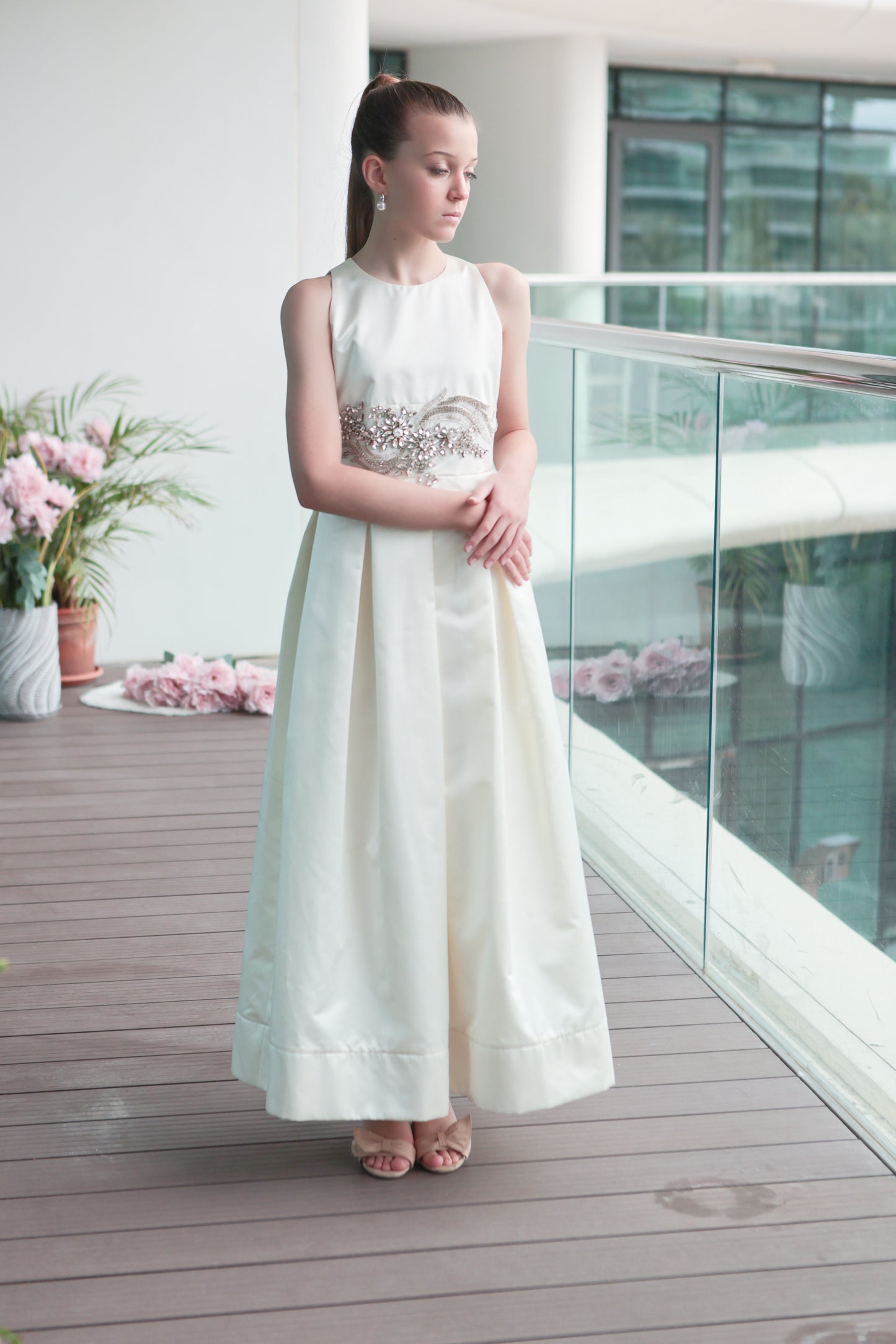 Stella  Ivory Girls Evening Dress with Crystal Waist Detail & Detachable Chiffon Cape