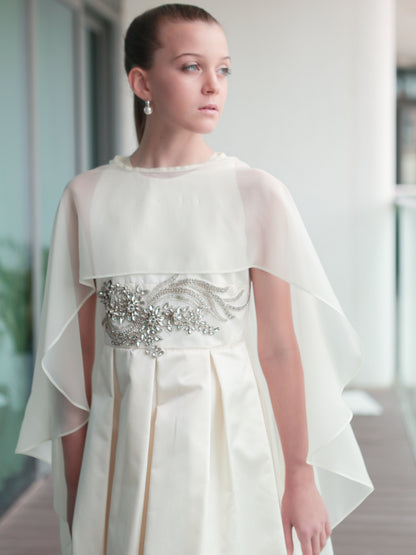 Stella  Ivory Girls Evening Dress with Crystal Waist Detail & Detachable Chiffon Cape