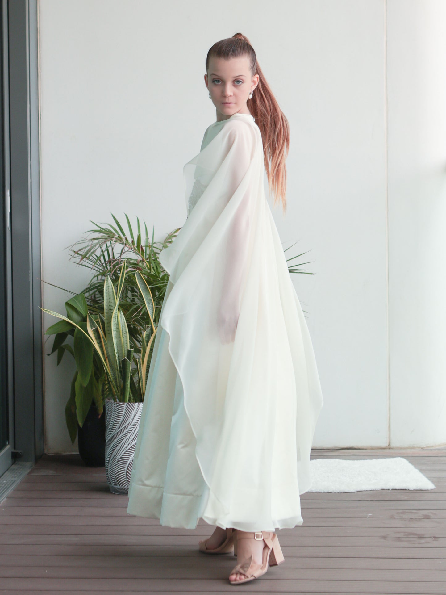 Stella  Ivory Girls Evening Dress with Crystal Waist Detail & Detachable Chiffon Cape