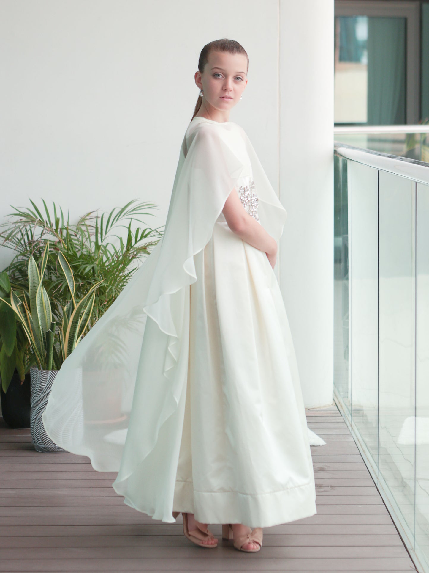 Stella  Ivory Girls Evening Dress with Crystal Waist Detail & Detachable Chiffon Cape