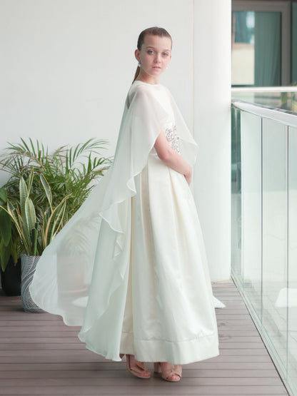 Stella  Ivory Girls Evening Dress with Crystal Waist Detail & Detachable Chiffon Cape