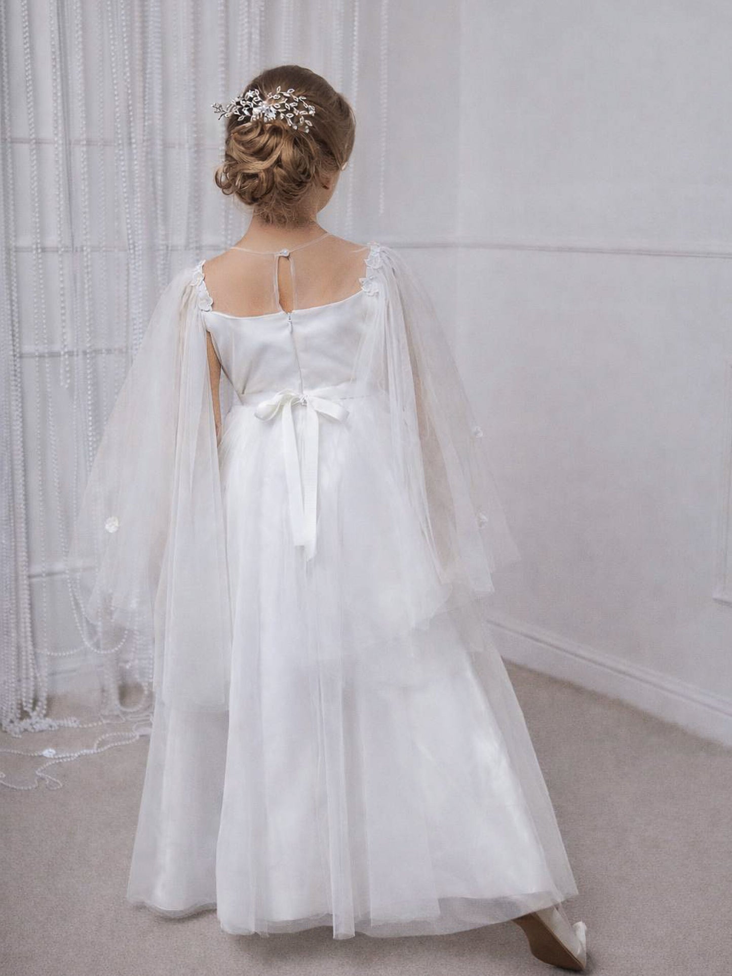 Cornelia White Girls Occasion Dress with Floral Tulle & Sheer Long Sleeves