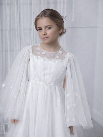 Cornelia White Girls Occasion Dress with Floral Tulle & Sheer Long Sleeves
