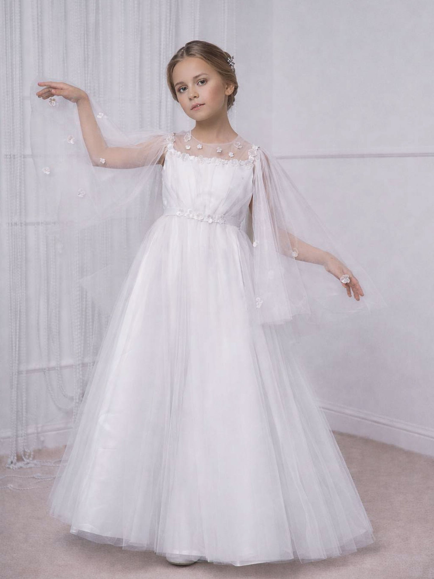 Cornelia White Girls Occasion Dress with Floral Tulle & Sheer Long Sleeves