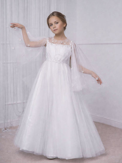 Cornelia White Girls Occasion Dress with Floral Tulle & Sheer Long Sleeves