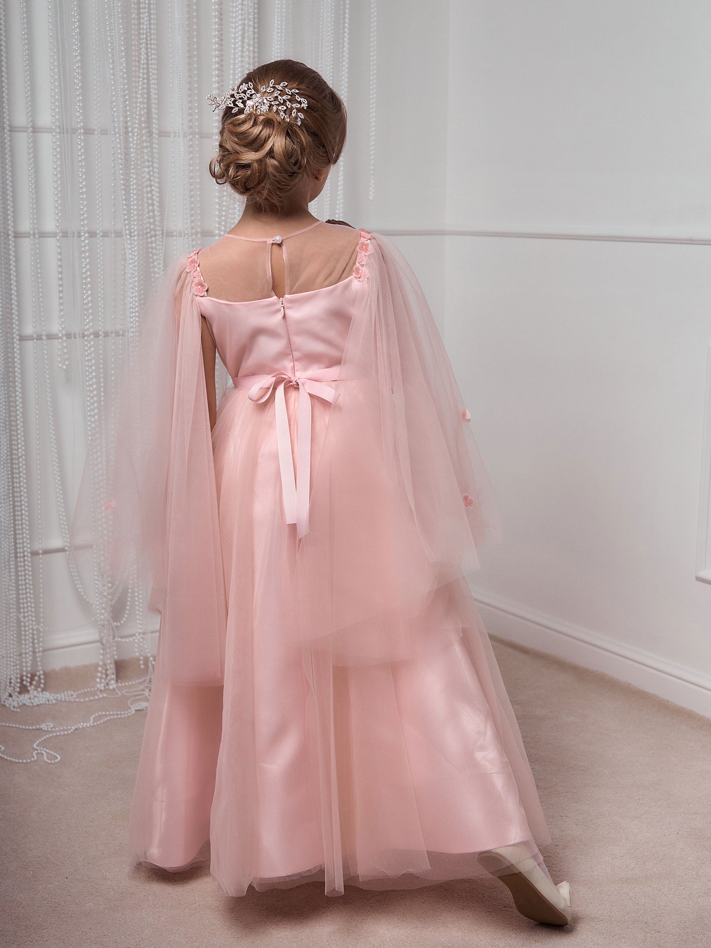 Cornelia Blush Pink Girls Occasion Dress with Floral Tulle & Long Sheer Sleeves