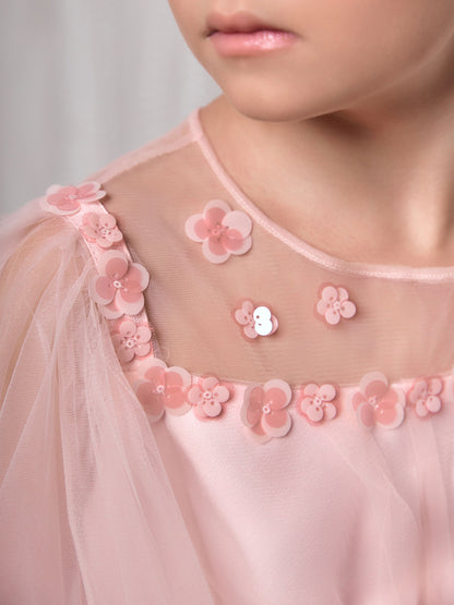 Cornelia Blush Pink Girls Occasion Dress with Floral Tulle & Long Sheer Sleeves