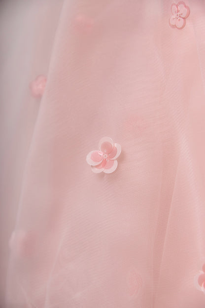 Cornelia Blush Pink Girls Occasion Dress with Floral Tulle & Long Sheer Sleeves