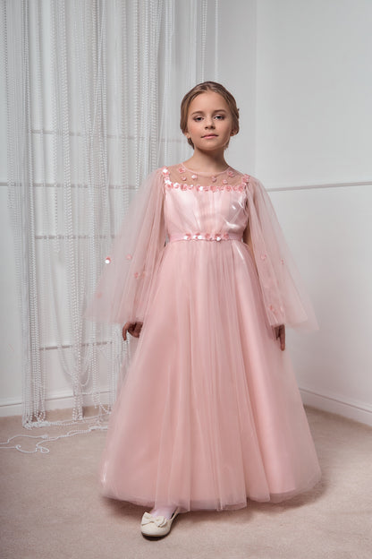 Cornelia Blush Pink Girls Occasion Dress with Floral Tulle & Long Sheer Sleeves