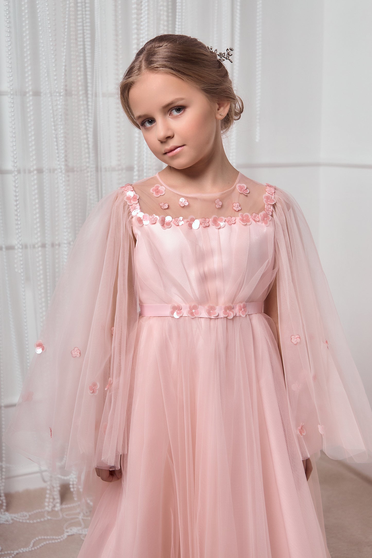 Cornelia Blush Pink Girls Occasion Dress with Floral Tulle & Long Sheer Sleeves