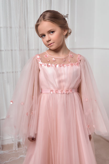 Cornelia Blush Pink Girls Occasion Dress with Floral Tulle & Long Sheer Sleeves