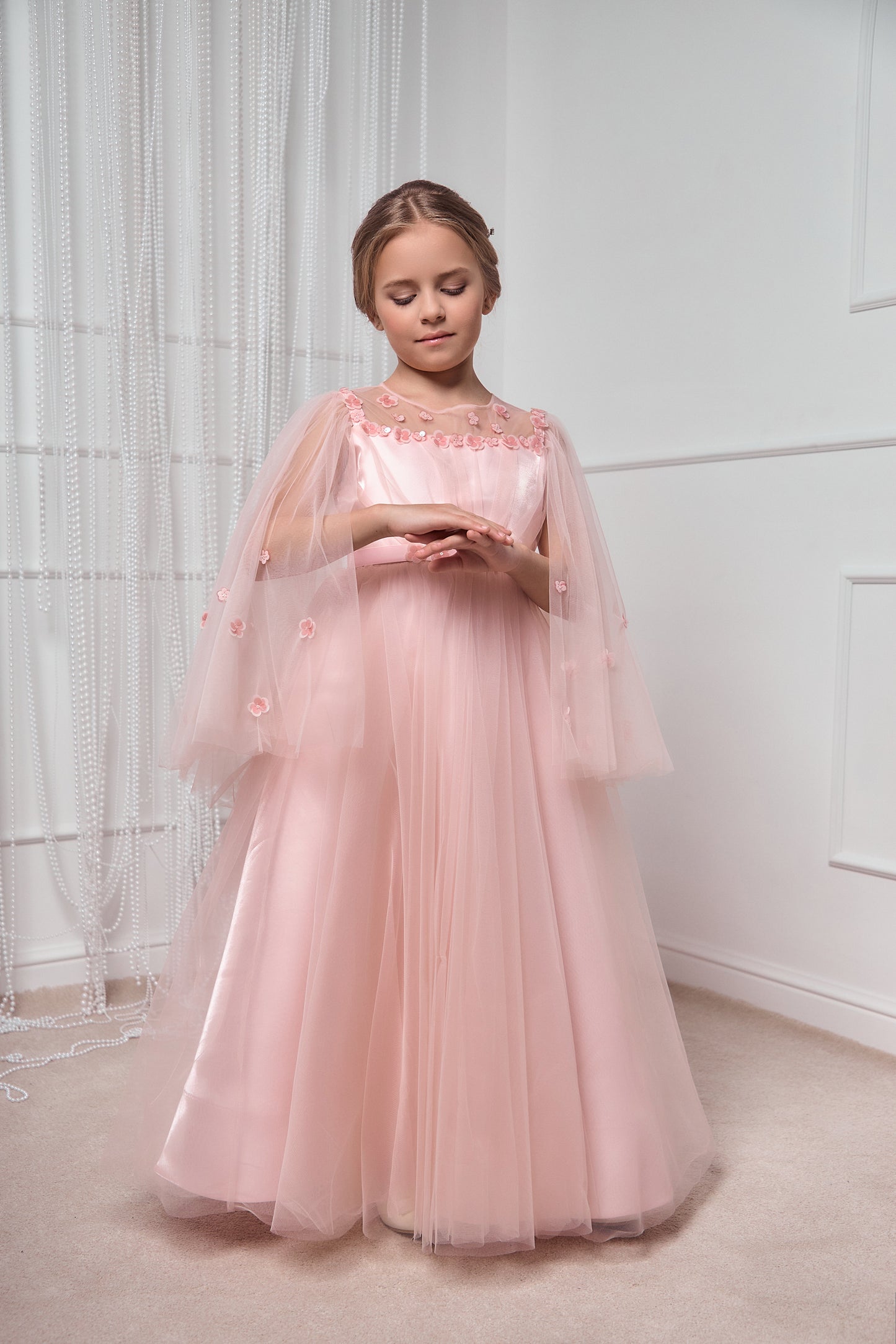 Cornelia Blush Pink Girls Occasion Dress with Floral Tulle & Long Sheer Sleeves