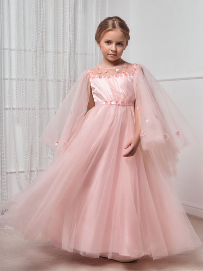 Cornelia Blush Pink Girls Occasion Dress with Floral Tulle & Long Sheer Sleeves