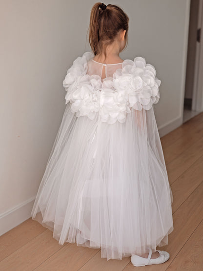 Candice Off-White Girls Couture Dress with Sheer Yoke, Organza Flowers & Tulle Cape