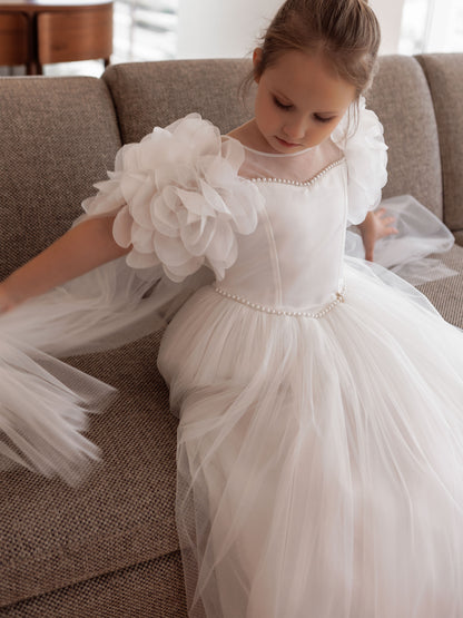 Candice Off-White Girls Couture Dress with Sheer Yoke, Organza Flowers & Tulle Cape