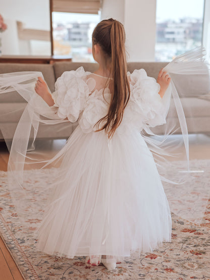Candice Off-White Girls Couture Dress with Sheer Yoke, Organza Flowers & Tulle Cape