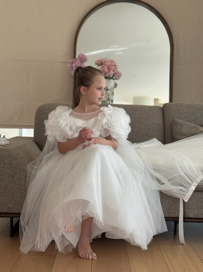 Candice Off-White Girls Couture Dress with Sheer Yoke, Organza Flowers & Tulle Cape