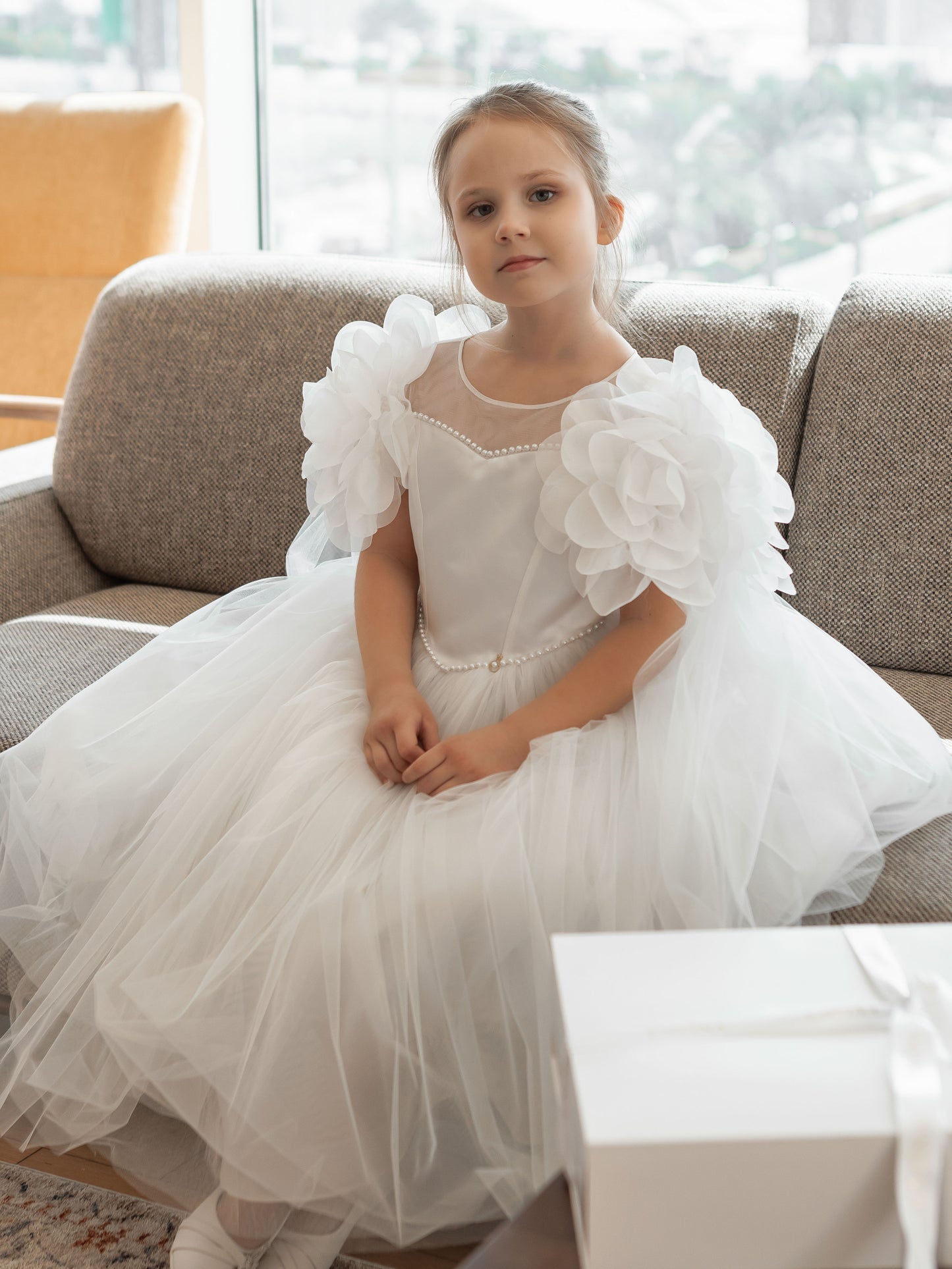 Candice Off-White Girls Couture Dress with Sheer Yoke, Organza Flowers & Tulle Cape