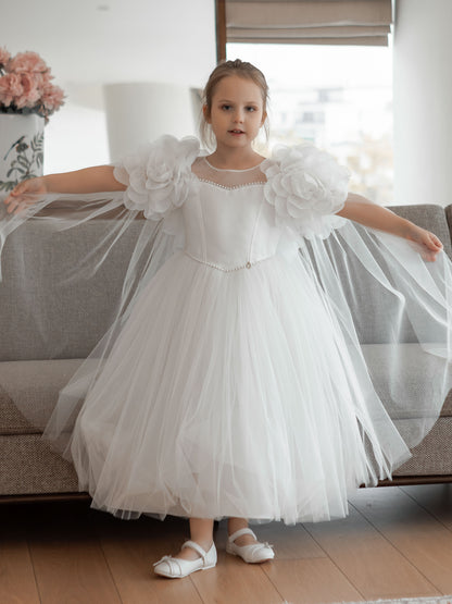 Candice Off-White Girls Couture Dress with Sheer Yoke, Organza Flowers & Tulle Cape