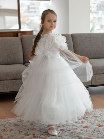 Candice Off-White Girls Couture Dress with Sheer Yoke, Organza Flowers & Tulle Cape