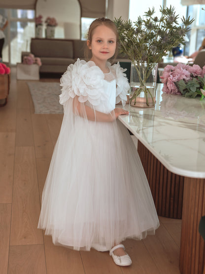 Candice Off-White Girls Couture Dress with Sheer Yoke, Organza Flowers & Tulle Cape
