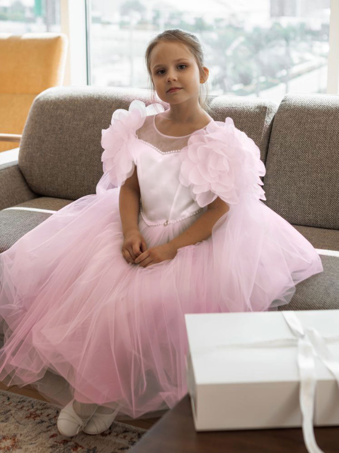 Candice Soft Blush Pink Girls Couture Dress with Sheer Yoke, Organza Flowers & Tulle Cape