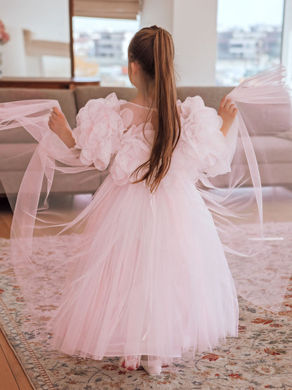 Candice Soft Blush Pink Girls Couture Dress with Sheer Yoke, Organza Flowers & Tulle Cape