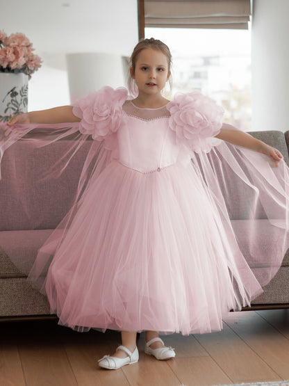 Candice Soft Blush Pink Girls Couture Dress with Sheer Yoke, Organza Flowers & Tulle Cape