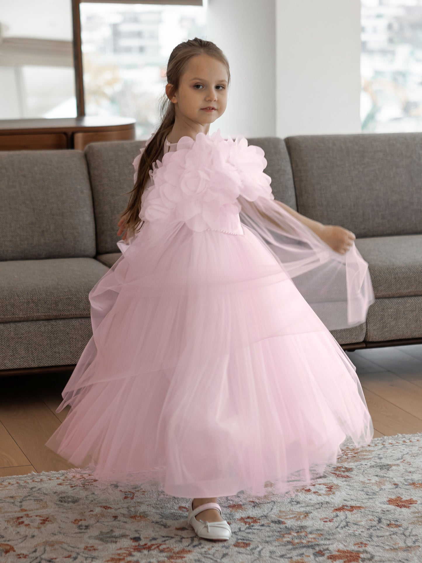 Candice Soft Blush Pink Girls Couture Dress with Sheer Yoke, Organza Flowers & Tulle Cape