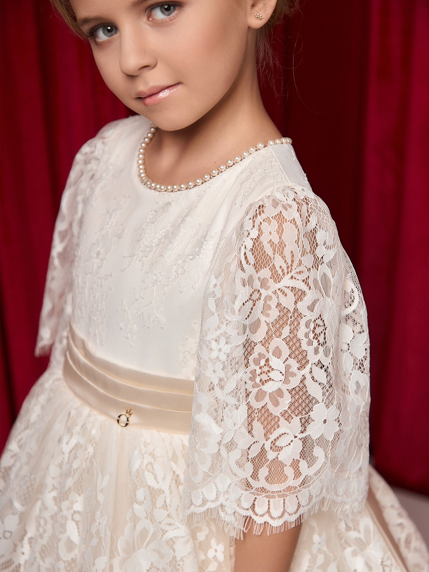 Mirabel Ivory Girls Occasion Dress with Chantilly Lace & Layered Tulle Skirt