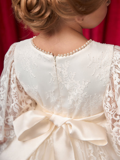 Mirabel Ivory Girls Occasion Dress with Chantilly Lace & Layered Tulle Skirt