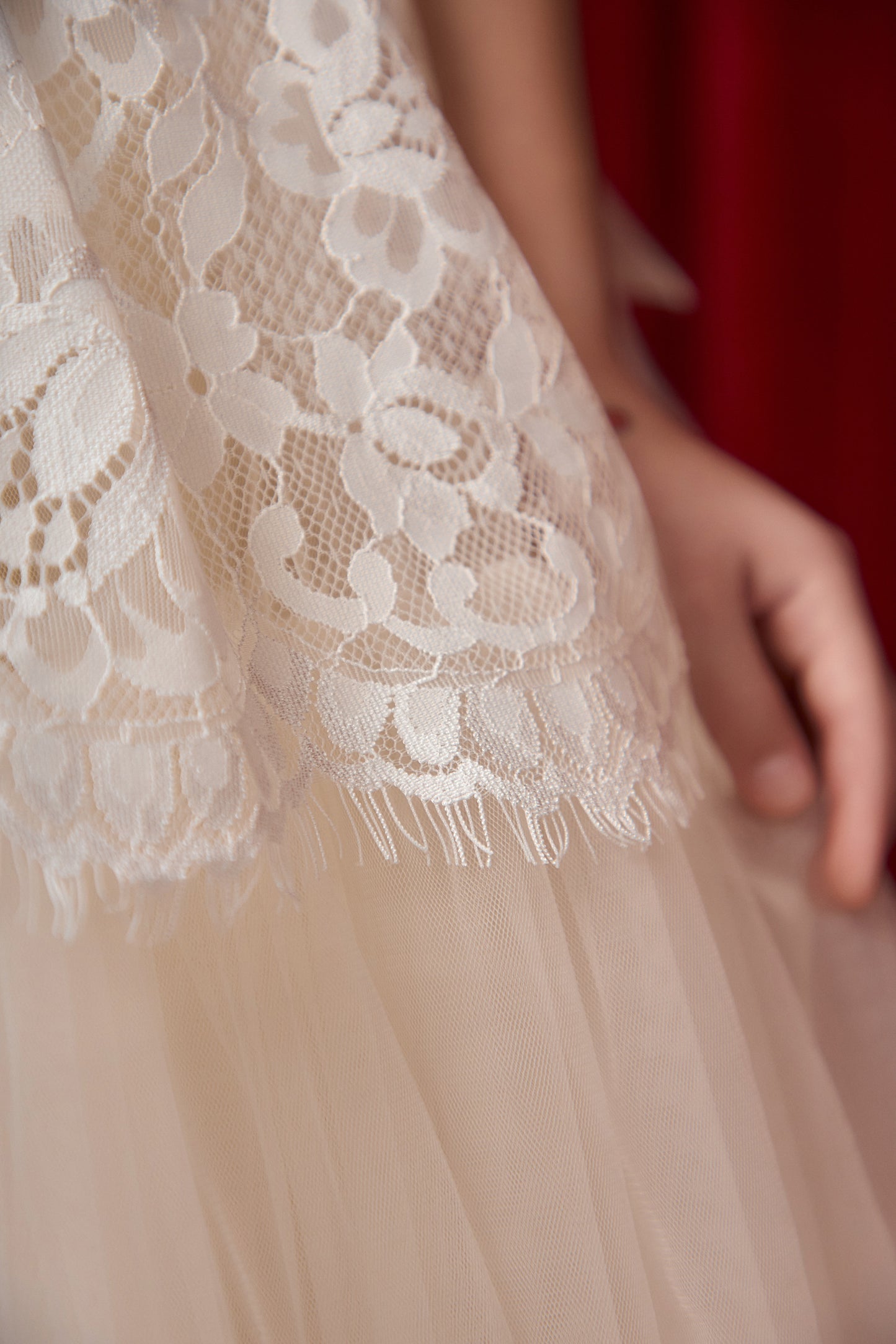 Mirabel Ivory Girls Occasion Dress with Chantilly Lace & Layered Tulle Skirt