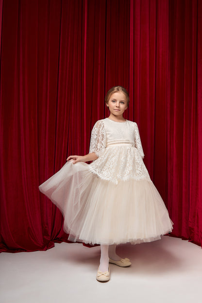 Mirabel Ivory Girls Occasion Dress with Chantilly Lace & Layered Tulle Skirt