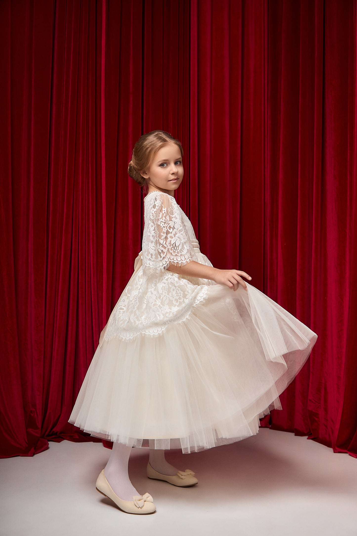 Mirabel Ivory Girls Occasion Dress with Chantilly Lace & Layered Tulle Skirt