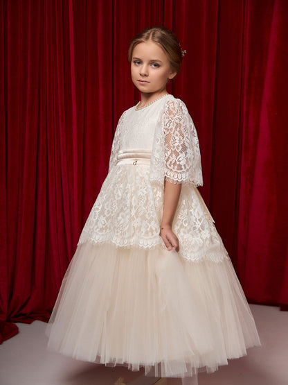 Mirabel Ivory Girls Occasion Dress with Chantilly Lace & Layered Tulle Skirt