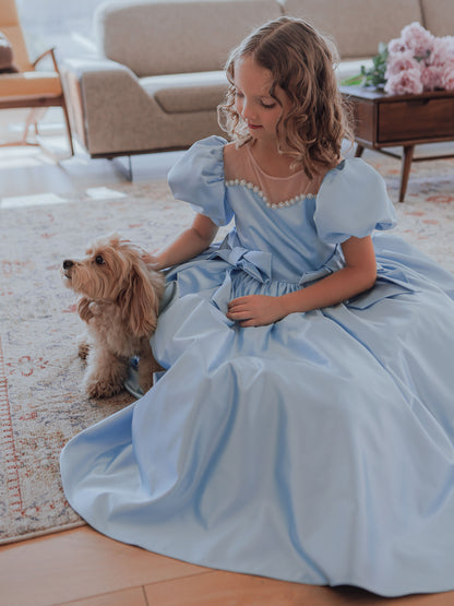Alice Powder Blue Girls Evening Dress with Sheer Yoke & Full Skirt