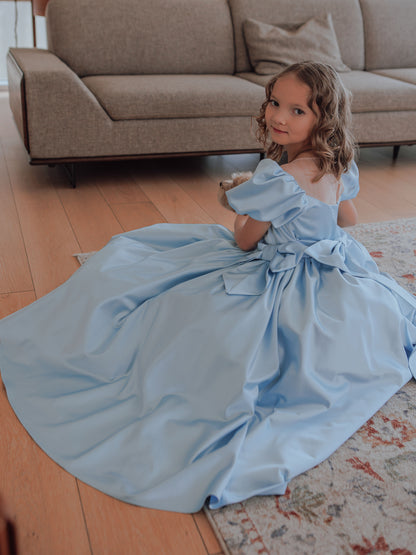 Alice Powder Blue Girls Evening Dress with Sheer Yoke & Full Skirt