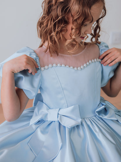 Alice Powder Blue Girls Evening Dress with Sheer Yoke & Full Skirt