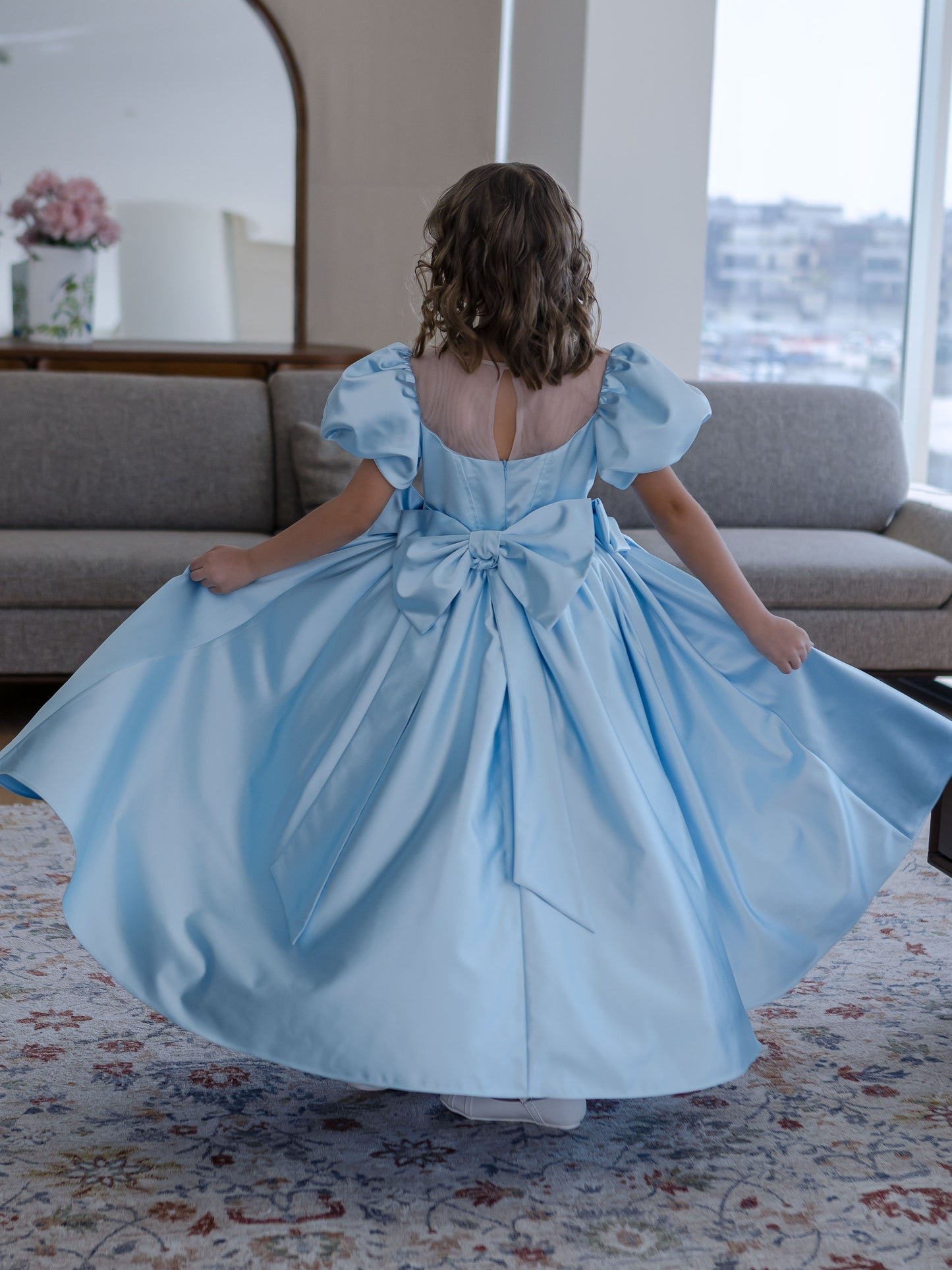 Alice Powder Blue Girls Evening Dress with Sheer Yoke & Full Skirt